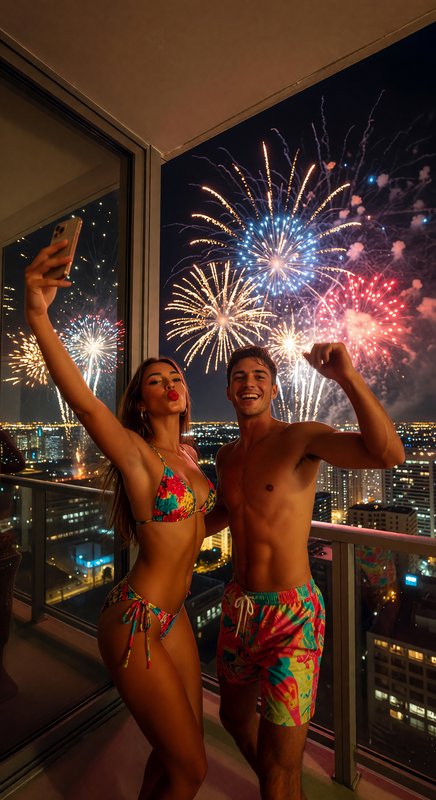 Two people in colorful swimwear posing for a selfie on a balcony at night with fireworks over a city skyline.
