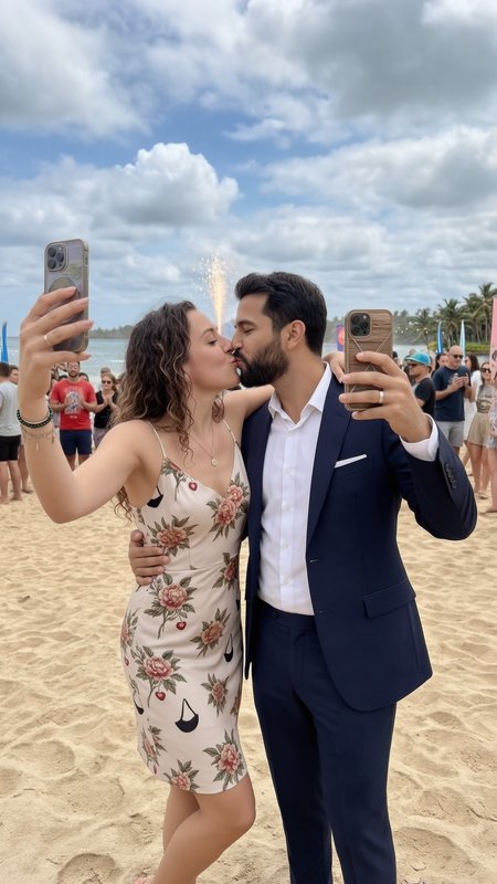 Couple in wedding attire kissing on a sandy beach while taking selfies with sparkler fireworks in the background.