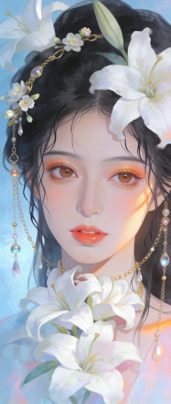 Portrait of a woman with white lilies, floral headpiece, and gold jewelry in pastel lighting.