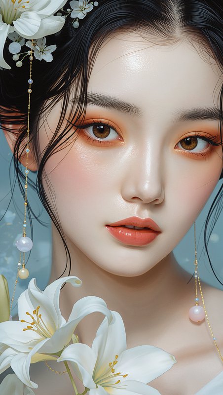 Portrait of a woman with peach makeup and white lilies in hair, delicate floral accessories.