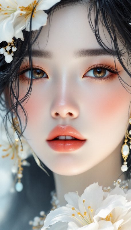 Close-up portrait of a woman with floral headpiece and soft, glowing makeup.