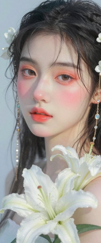Close-up portrait of a woman with peach eyeshadow and white lilies.