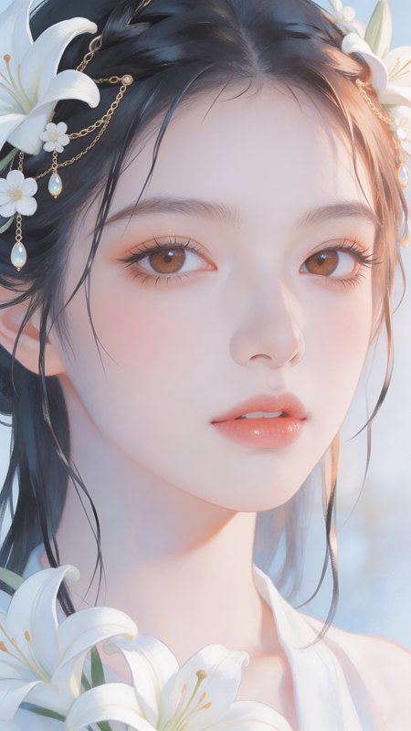Close-up portrait of a young woman with white lilies in her hair and soft, ethereal makeup.
