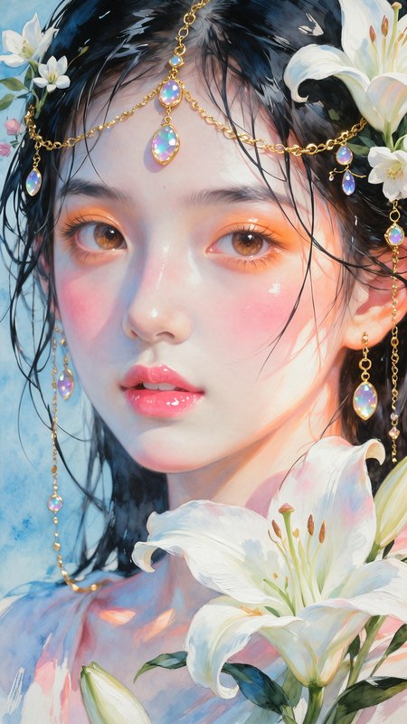 Close-up portrait of a woman with orange eye makeup, gold jeweled headpiece, and white lilies