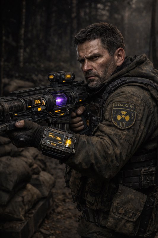 Man in tactical armor aiming a high-tech rifle in a dark forest with glowing scope.