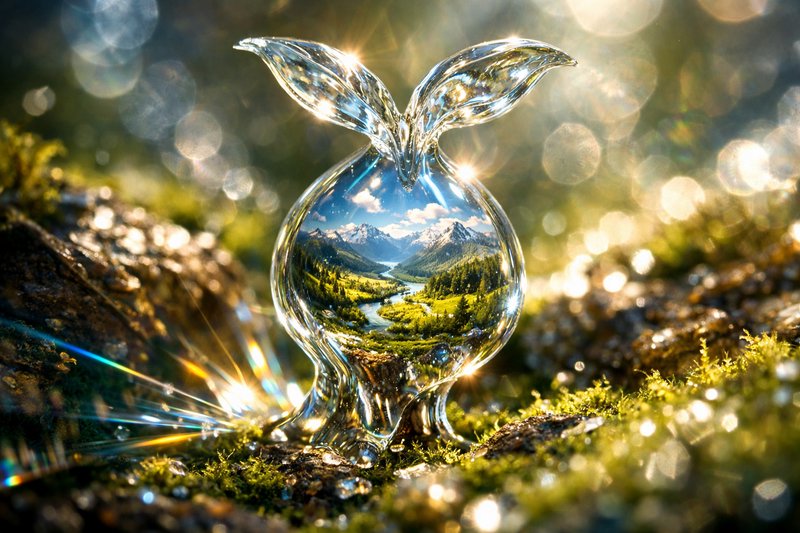 Crystal glass orb on moss reflecting a mountain valley landscape