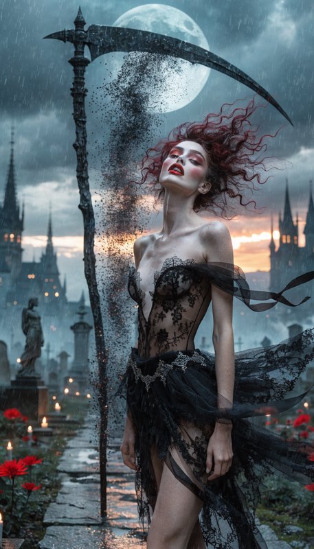 Gothic fantasy portrait of a woman in black lace, holding a large scythe under a full moon in the rain.