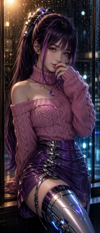 Stylish woman with purple hair in a pink knit sweater and futuristic metallic leg armor against a neon city backdrop.