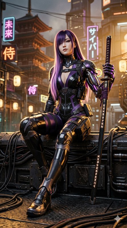 Futuristic female cyborg warrior in armored suit with katana in a neon-lit cityscape.
