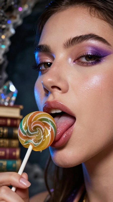 Close-up of a woman with purple eyeshadow licking a swirl rainbow lollipop.