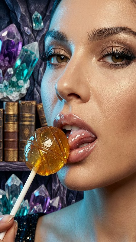 Close-up of a woman with glossy lips licking a yellow lollipop against a backdrop of crystals.