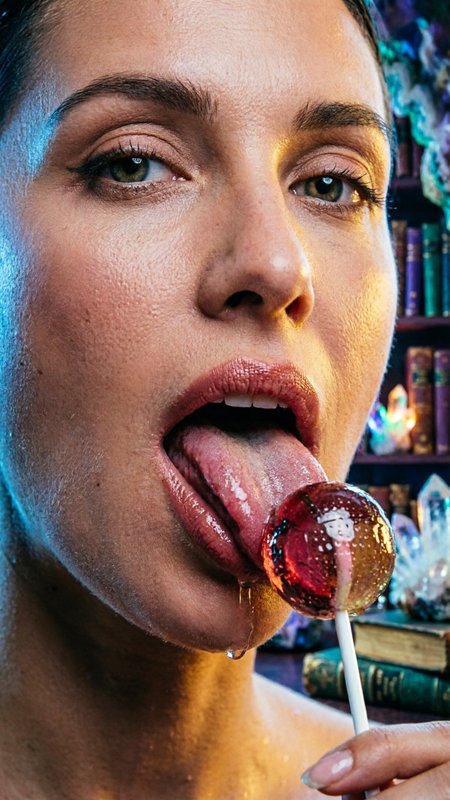 Close-up of a woman licking a glossy red lollipop with colorful background.
