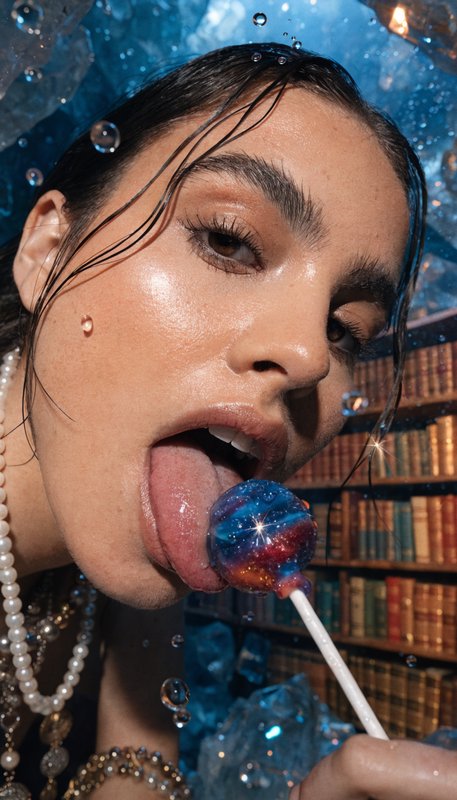 Close-up of a woman licking a galaxy-colored lollipop against a blue backdrop.