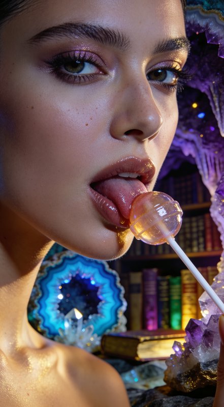 Close-up portrait of a woman licking a lollipop amid vibrant crystals and a purple fantasy backdrop.