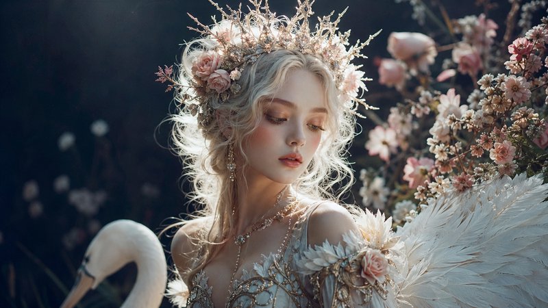 Young woman with a floral crown and delicate wings among pink blossoms in soft, dreamy lighting.