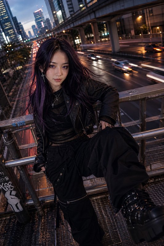 Young woman in black urban outfit posing on a railing above a city street at night.