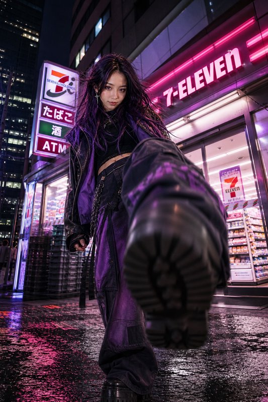 Young woman in a purple coat posing on a neon-lit urban street in front of a 7-Eleven at night.