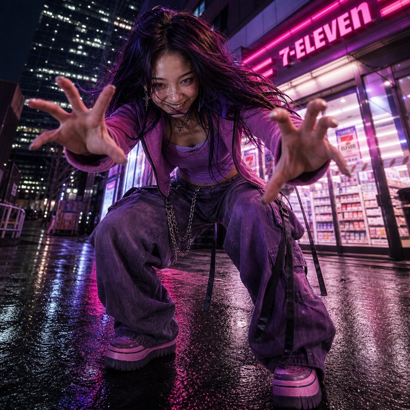 Dynamic night photo of a person in purple streetwear reaching toward the camera outside a neon-lit 7-Eleven.
