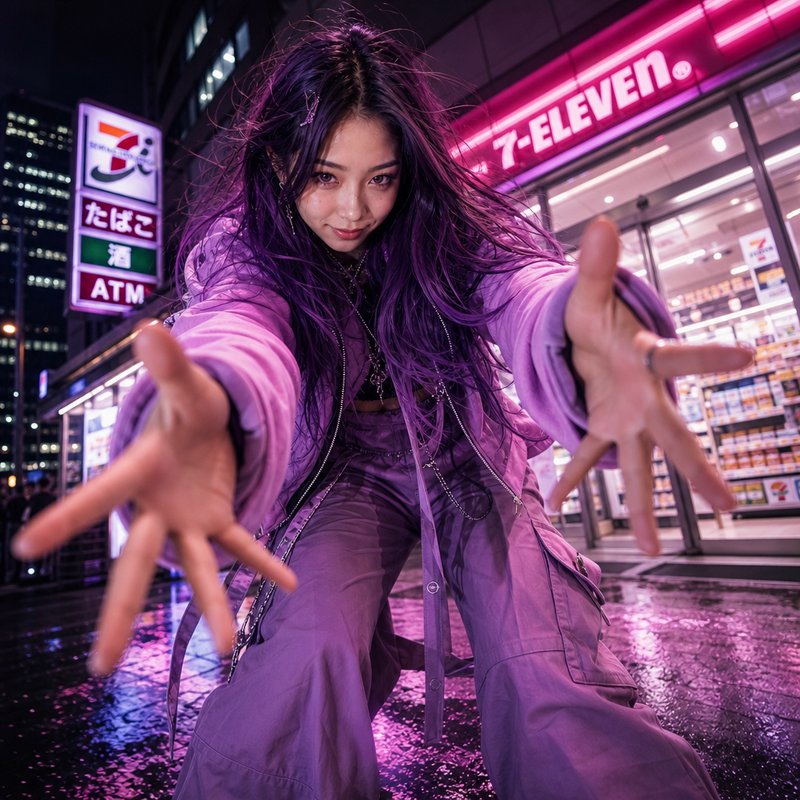 Young woman in a purple jacket reaching toward the camera on a neon-lit city street at night.