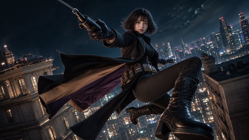 Fierce female action heroine leaping across rooftops at night above a lit city skyline.