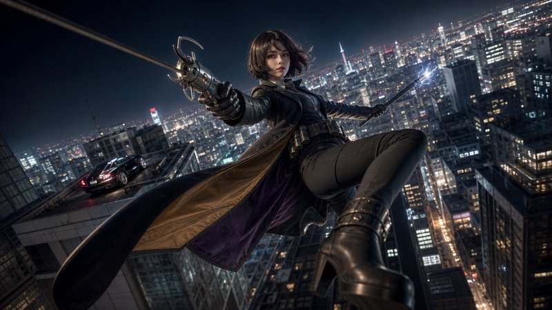 A female vigilante in a black trench coat swings above a city skyline at night with a sword, dramatic action pose.