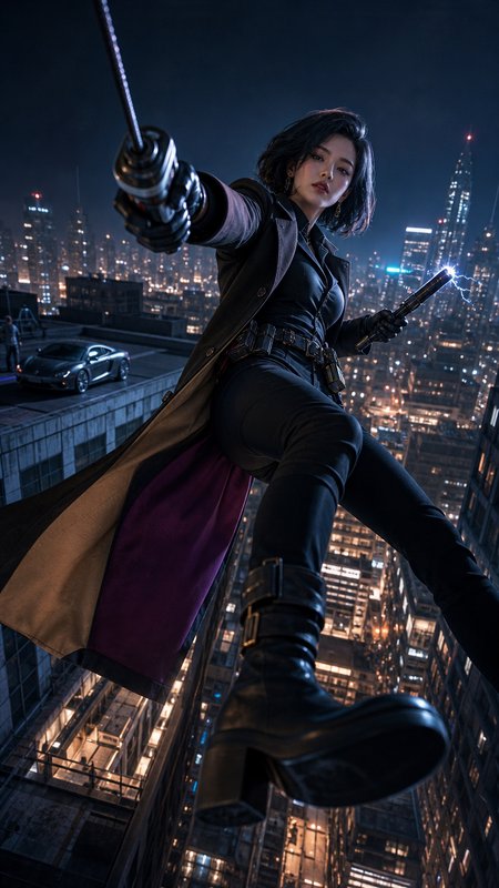 Female action character on a city rooftop at night, wielding a sword in a dynamic combat pose.