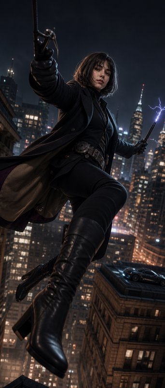 Female superhero in a black coat and tall boots swings between city skyscrapers at night, with lightning in the background.