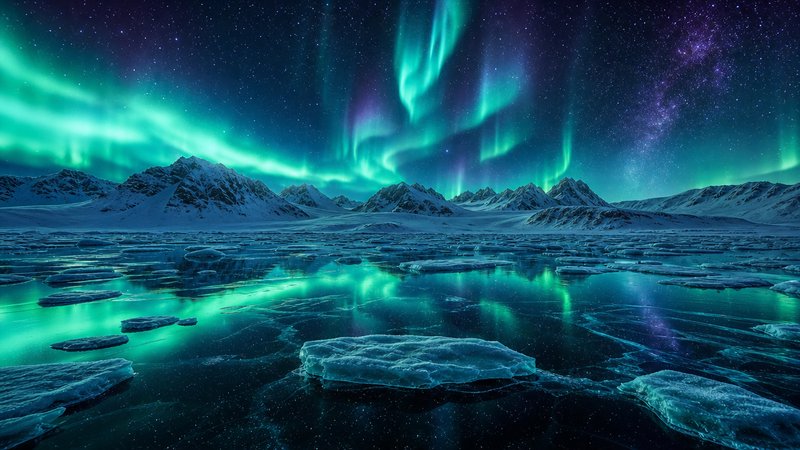 Aurora borealis lights the night sky over an Arctic icy landscape with floating ice chunks and snow-capped mountains.