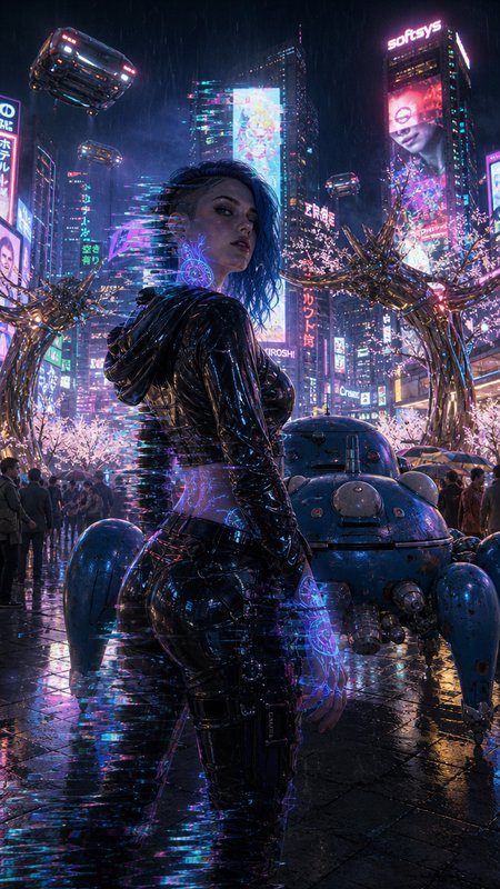 Cyberpunk woman in a shiny futuristic suit with neon city lights and a blue robot on a rainy night street.