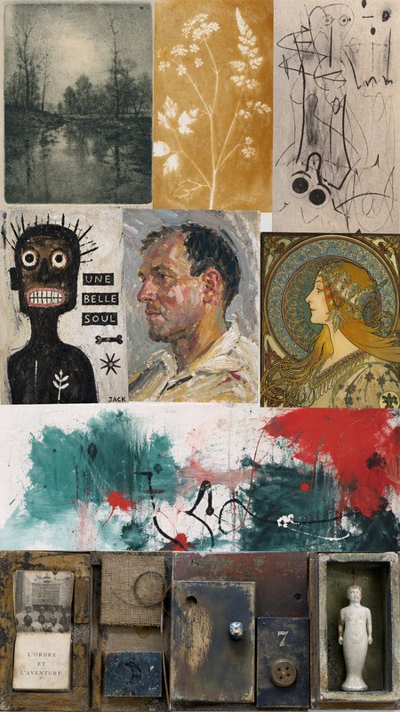 Collage of diverse art panels: portraits, abstract painting, botanical sketches, and vintage sculpture display.