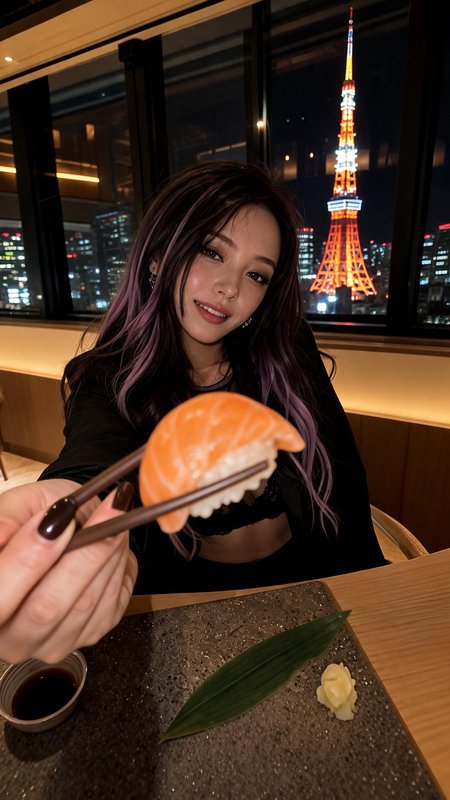 Woman with purple-tinted hair enjoys salmon nigiri at a restaurant with Tokyo Tower lit up in the night skyline.