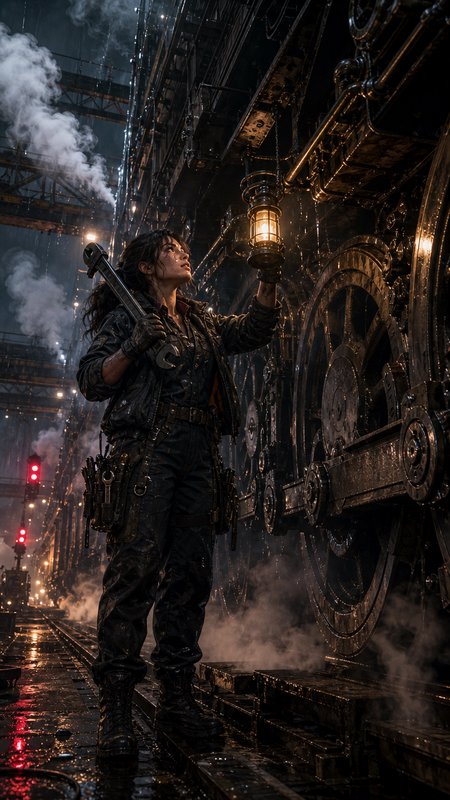 A rugged woman in a dark industrial setting holds a lantern and shotgun beside giant gears.