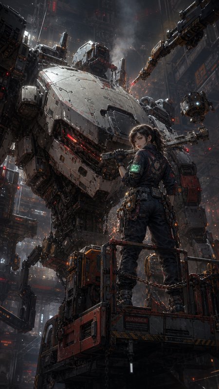 Woman with a gun amid a massive, industrial sci-fi mech in a neon-lit factory setting