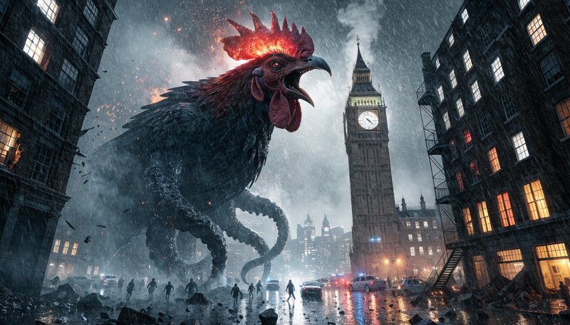 Giant rooster monster towers over rain-soaked London streets by Big Ben.