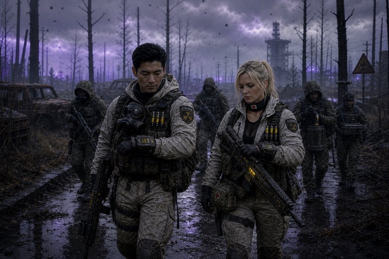 Two heavily armed soldiers in tactical gear lead a squad through a desolate, post-apocalyptic landscape.