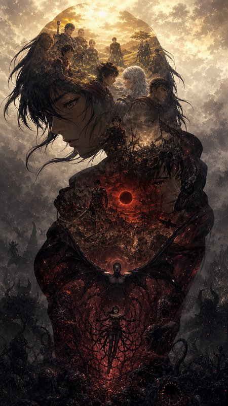Epic fantasy collage with warriors, eclipse, and a dark central silhouette composed of layered scenes.