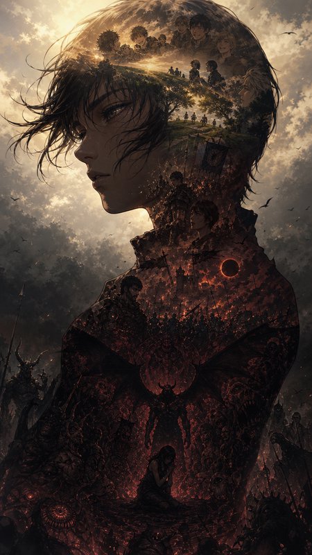Profile of a woman with surreal double exposure showing a crowd, landscape, and battle scene inside.