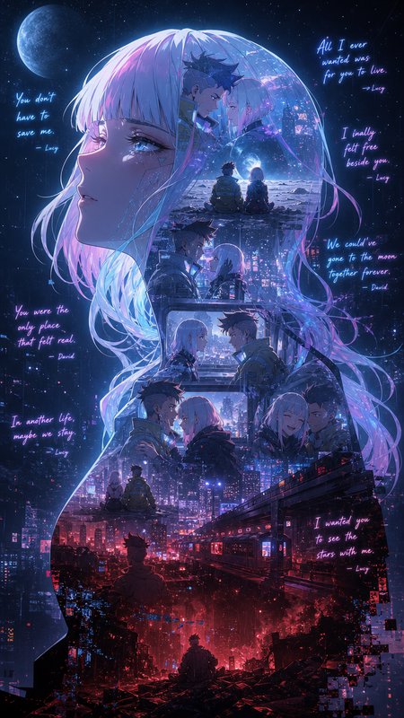 Neon-drenched anime double-exposure portrait of a girl with a glowing cityscape and distant moons.
