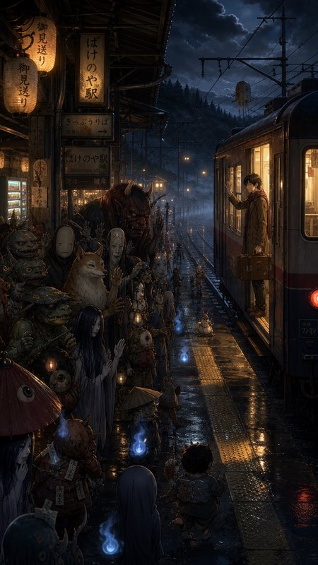 Nighttime Japanese train station crowded with yokai spirits and a traveler on a train car.