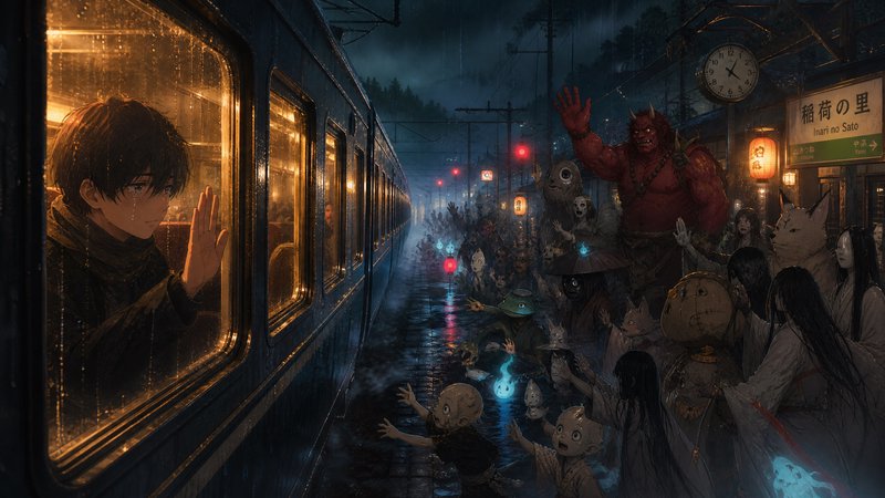 Young man gazes from a glowing train window as eerie monsters reach from a crowded platform at night.