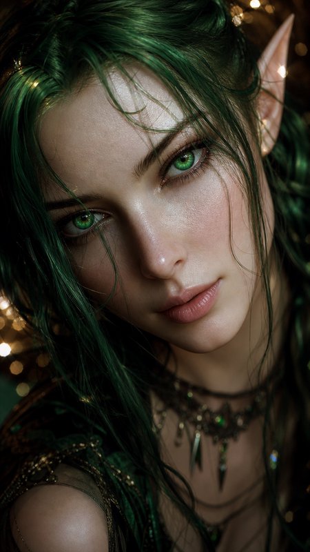 Close-up portrait of a green-haired elf with vivid emerald eyes and pointed ear.