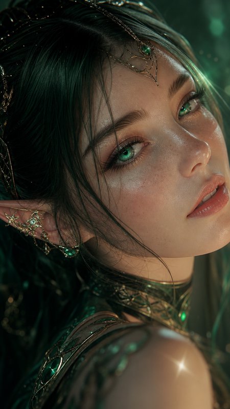 Close-up portrait of a woman with emerald green eyes, dark hair, and intricate gold jewelry.