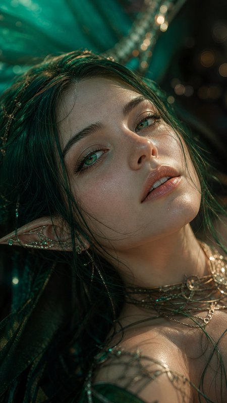 Close-up portrait of a woman with elf-ear jewelry under green lighting.