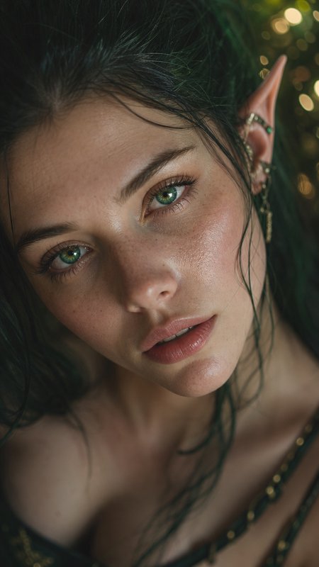Close-up portrait of a woman with green eyes and wet dark hair outdoors, moody natural lighting