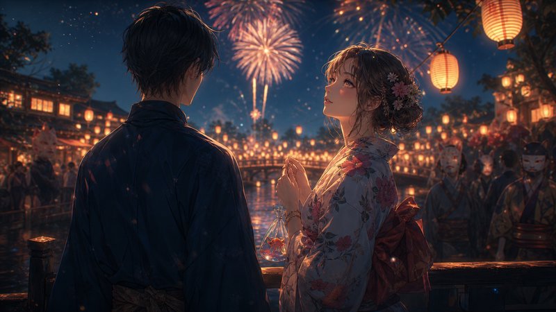 Couple in traditional kimono at a night festival with lanterns and fireworks over a river.