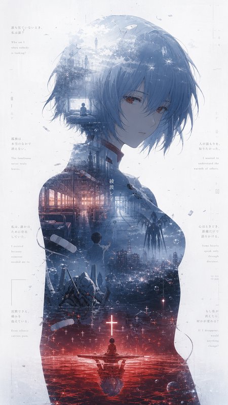 Anime-style double-exposure silhouette with blue tones, cityscape and water scenes blending into a forlorn young character.