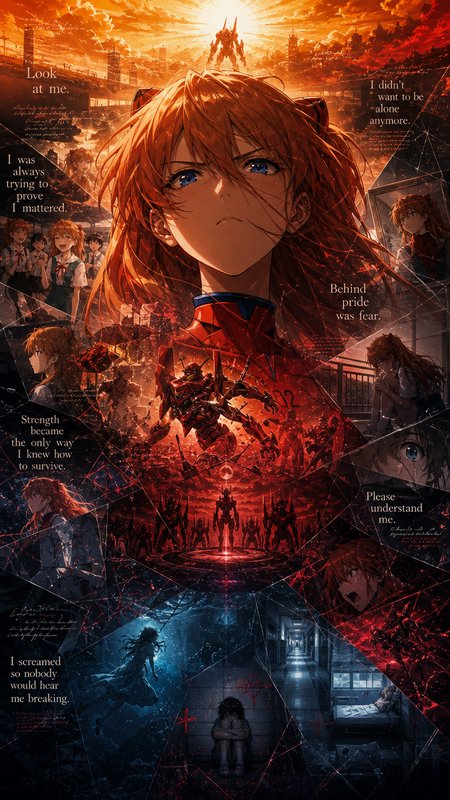 Close-up of a determined red-haired anime girl beneath a fiery sunset, with a collage of action and dramatic scenes