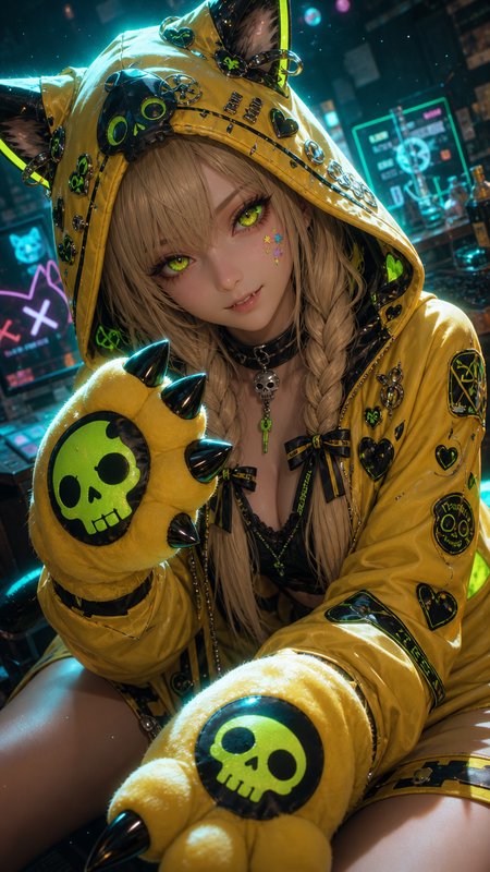 Girl in a neon yellow hoodie with skull motifs and claw plush gloves in a cyberpunk cityscape.