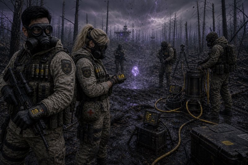 Soldiers in gas masks examine a glowing purple crystal in a ruined, smoky forest lab scene.
