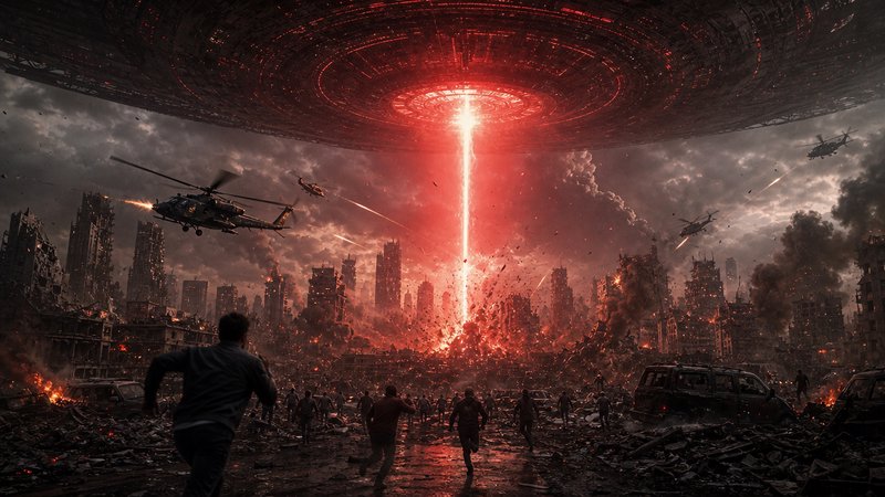 Apocalyptic city scene with a colossal UFO laser beam, helicopters, and fleeing survivors amid ruins.